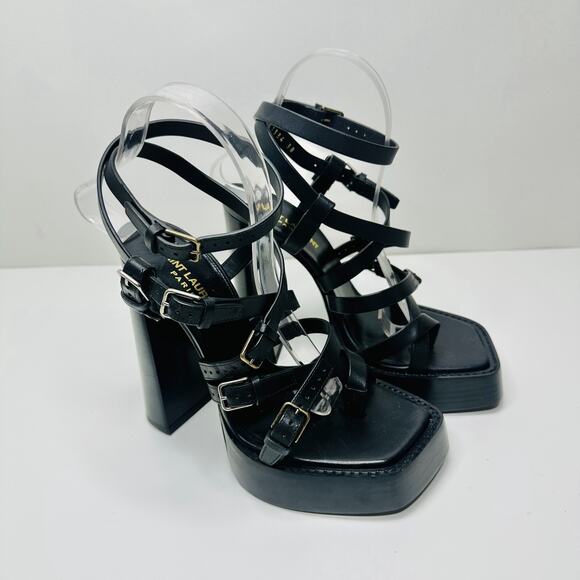 Saint Laurent Platz 38/ US 8 Multi Buckle Strappy Platform Sandal Black Leather - Picture 5 of 14
